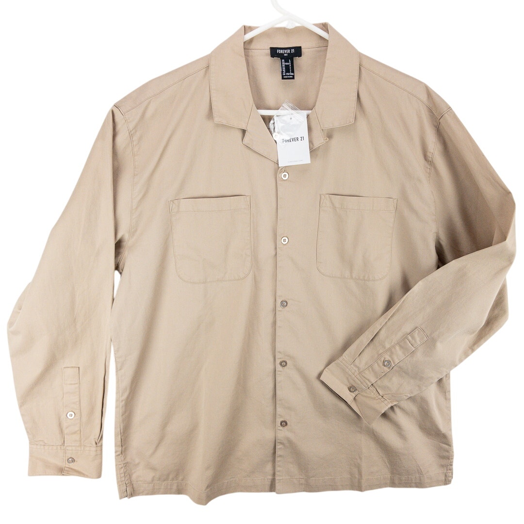 Forever 21 Menâs Large Camp Collar Woven Button-Front Shirt Taupe Cotton